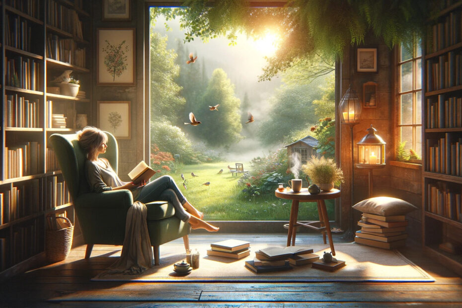 A-serene-peaceful-setting-capturing-the-essence-of-a-perfect-day-off.-The-scene-includes-a-cozy-reading-nook-with-a-comfortable-armchair