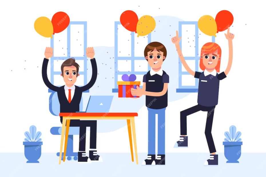 An image depicting two employees celebrating their third colleague. They are holding a gift and balloons, smiling and sharing a joyful moment together in an office setting. The atmosphere is festive and friendly, reflecting a sense of teamwork and appreciation.