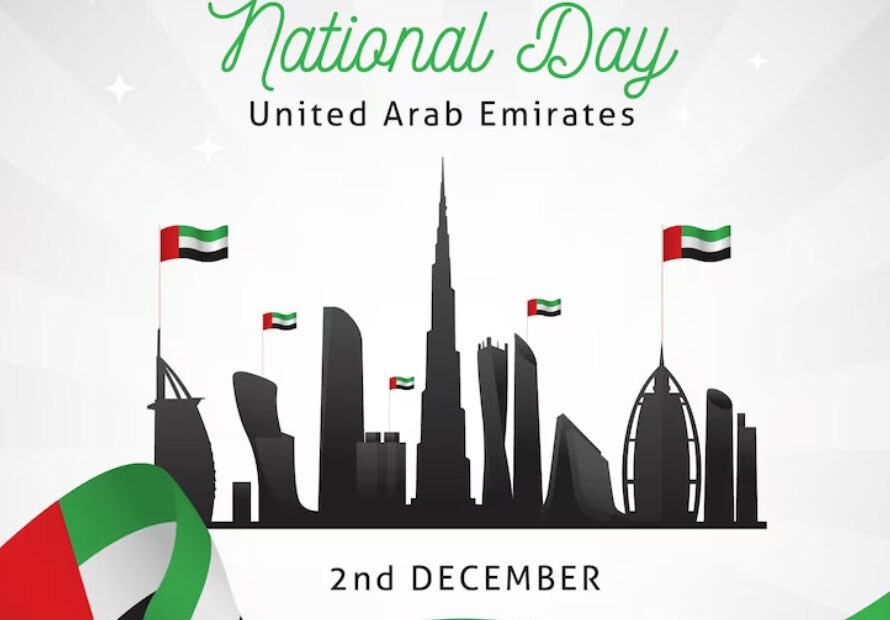 An image showcasing some of the most famous landmarks in the United Arab Emirates, such as the Burj Khalifa in Dubai, the Sheikh Zayed Grand Mosque in Abu Dhabi, and the stunning dunes of the Arabian Desert. The UAE flag waves prominently in the foreground, symbolizing national pride.