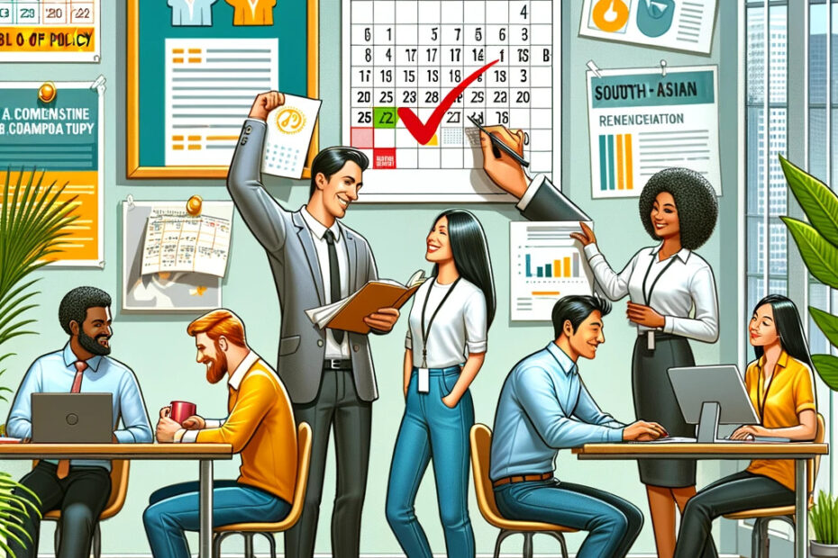 An-office-setting-depicting-various-aspects-of-Compensation-Off-policy.-In-one-corner-an-employee-happily-marks-a-calendar-for-a-planned-day-off
