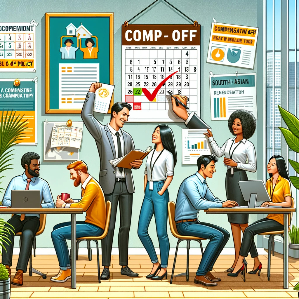 An-office-setting-depicting-various-aspects-of-Compensation-Off-policy.-In-one-corner-an-employee-happily-marks-a-calendar-for-a-planned-day-off