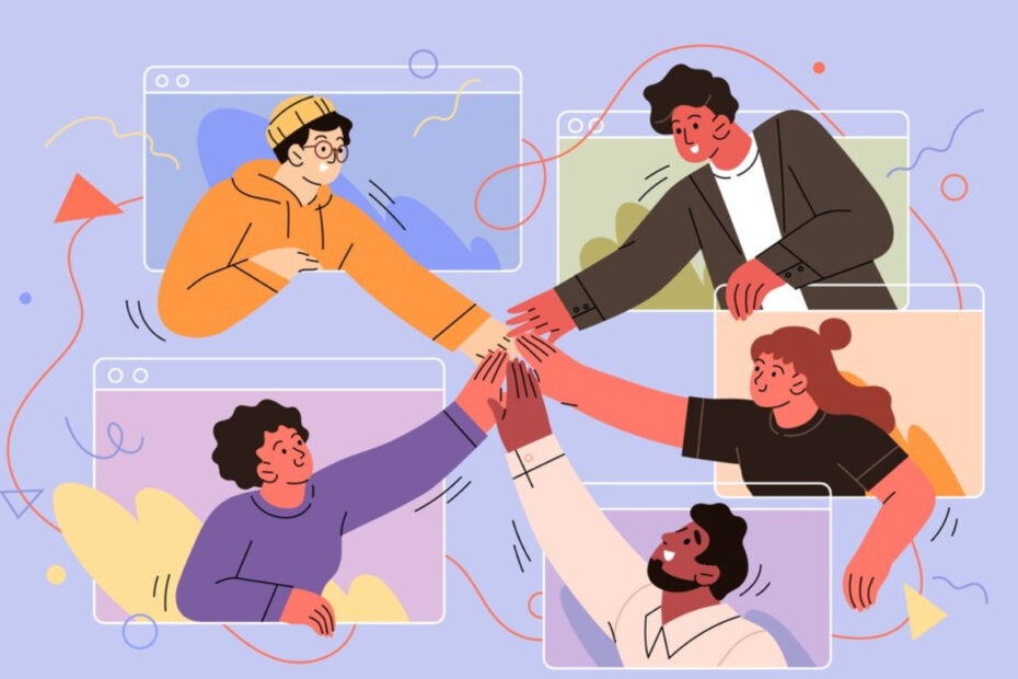 An image of five different employees holding hands to show team unity and employee engagement.
