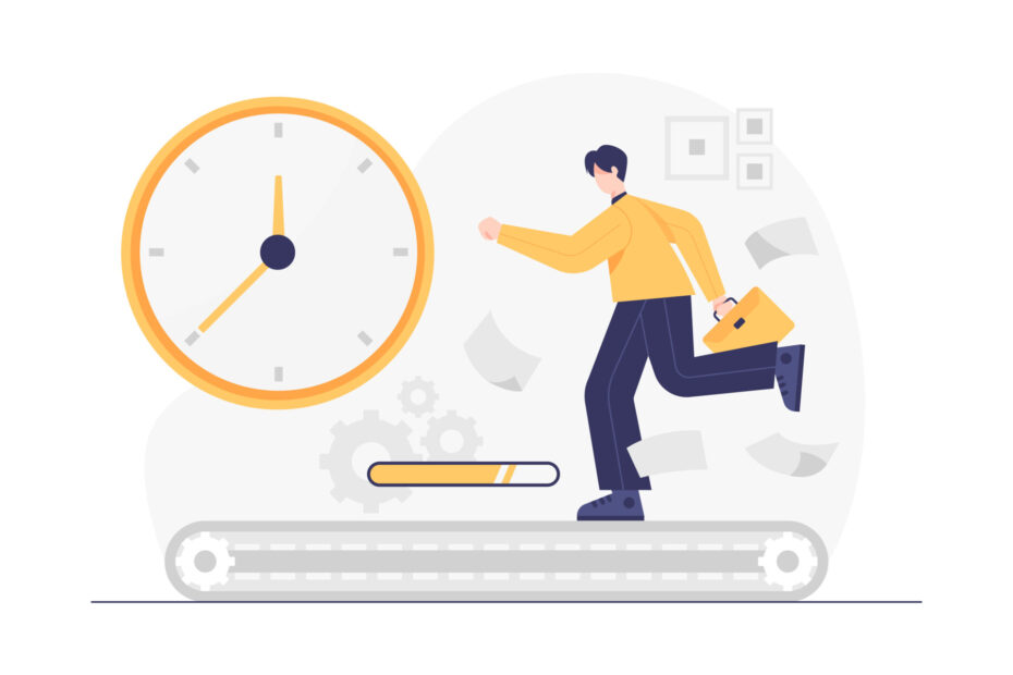 Young Businessman holding briefcase and running with office icons on the background. time management concept. cartoon character. Vector illustration.