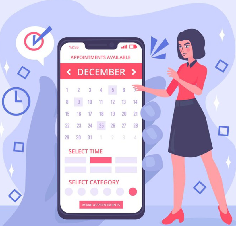 An image of a femal employee standing beside a huge mobile case with a calendar app open on the phone