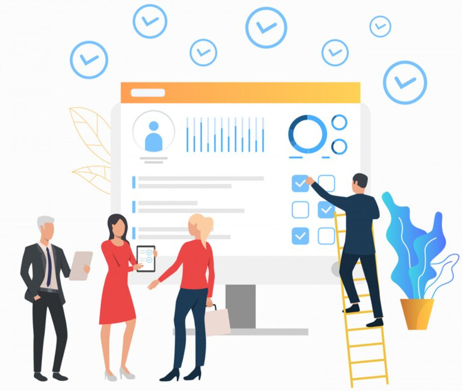 An image of three employees engaged in a conversation, while another stands on a stair in front of a huge screen, possibly presenting or analyzing data. The setting suggests a collaborative work environment with a focus on communication and information sharing.
