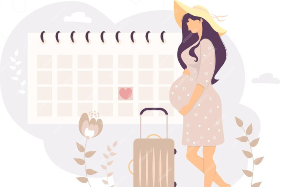 A picture of a pregnant woman that has a suitcase and standing in from of a huge calendar.