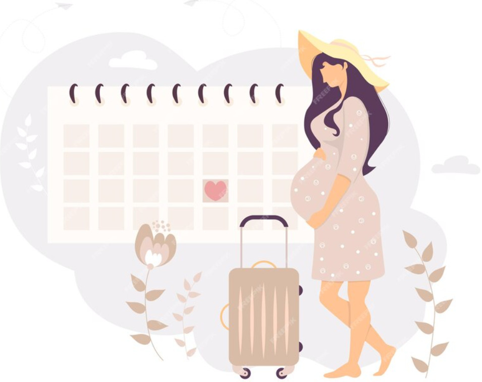 A picture of a pregnant woman that has a suitcase and standing in from of a huge calendar.