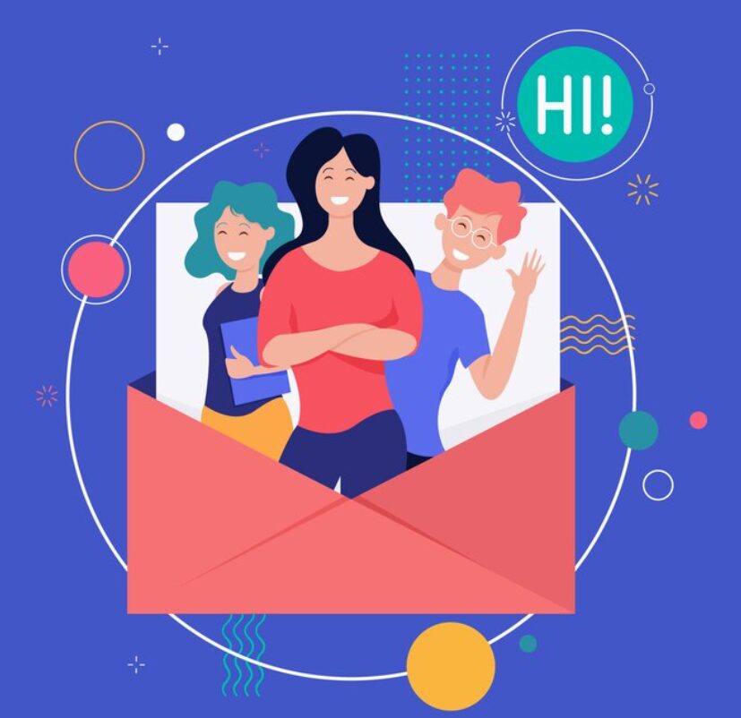 An illustration of three miniature employees emerging from an open letter envelope, each waving and saying "hi." This scene conveys a friendly and welcoming message.