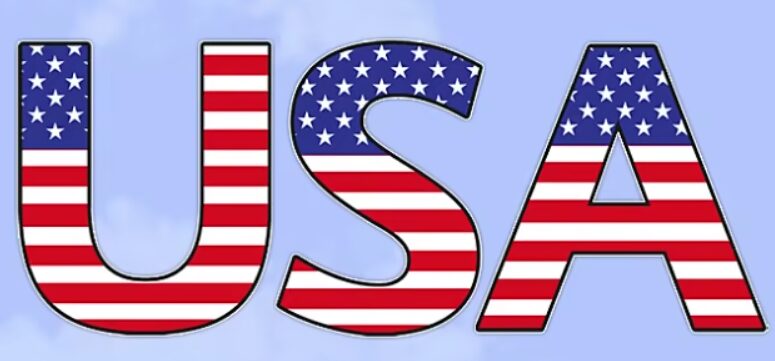 An image for the word USA written by the same colors of USE flag against a blue background.