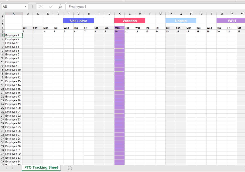 An image for a PTO and employees' time off requests tracker templet in Excel file