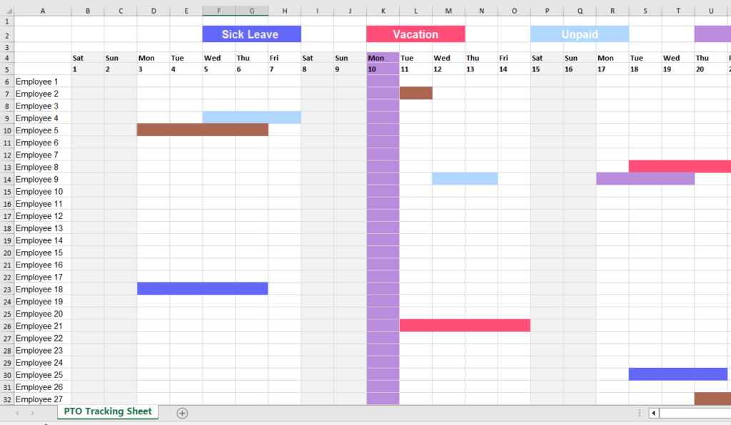 An image for a PTO and employees' time off requests tracker templet in Excel file