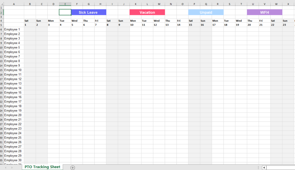 An image of a free Excel template for PTO tracking, . The template features columns for employee names, start dates of PTO, end dates.