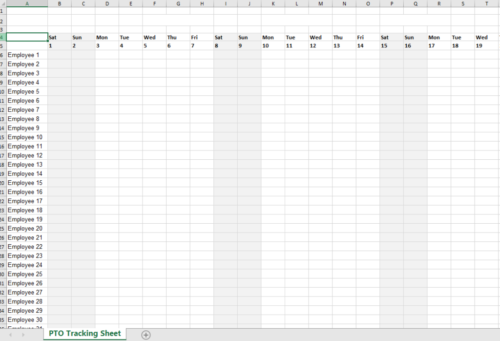 An image of a free Excel template for PTO tracking, The layout is clean and user-friendly, designed to help efficiently manage and track personal time off.