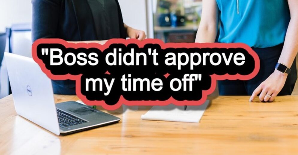 An image of two employees in the office standing in front of a laptop with a bold title on the picture saying "Boss didn't approve my time off."