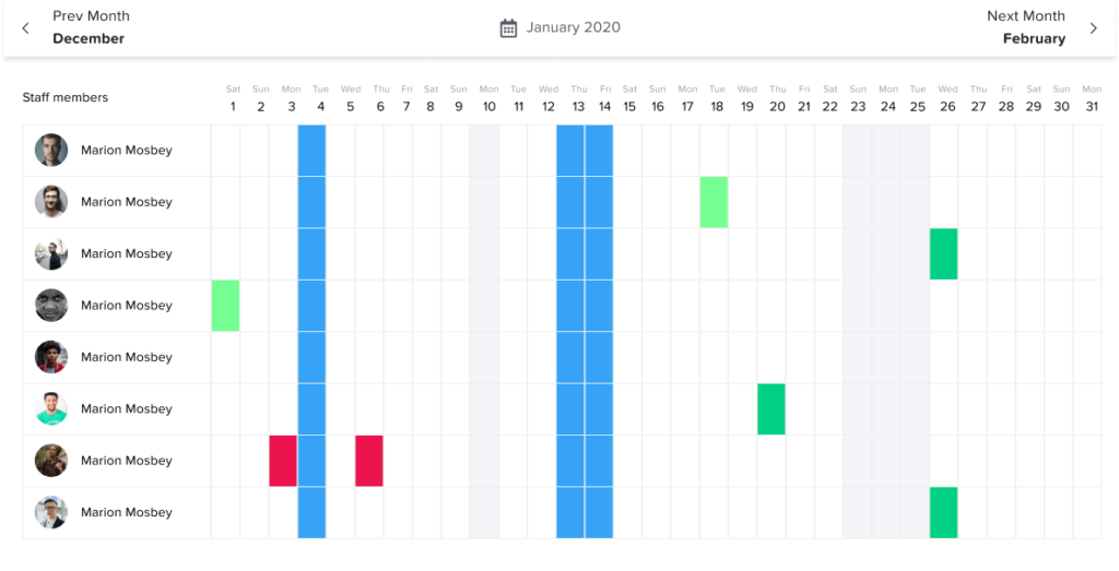 An image of the 'Team Overview' section on a digital dashboard, showing a comprehensive view of all submitted leave requests for the current month. The display includes lists of all employees and various types of leaves, visually organized to provide a clear snapshot of team availability and leave trends.