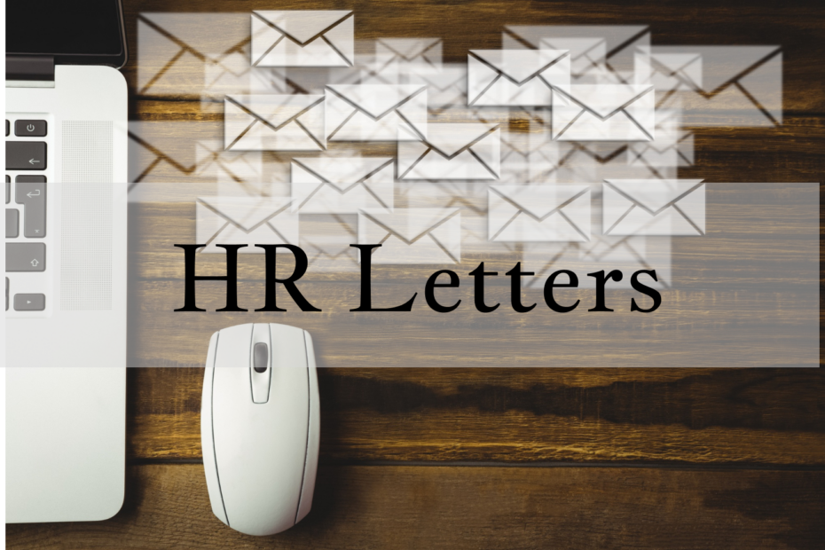 An image shows a lot of white letters cover near a white laptop and mouse which are put on a wooden disk. with a large title " HR Letters."