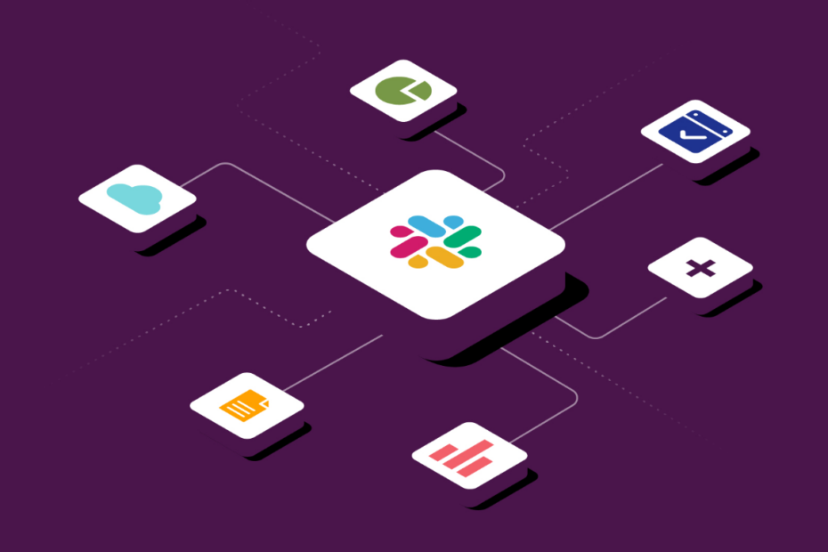 An image for Slack logo at the middle of purple background with 6 different branches each one with different icon