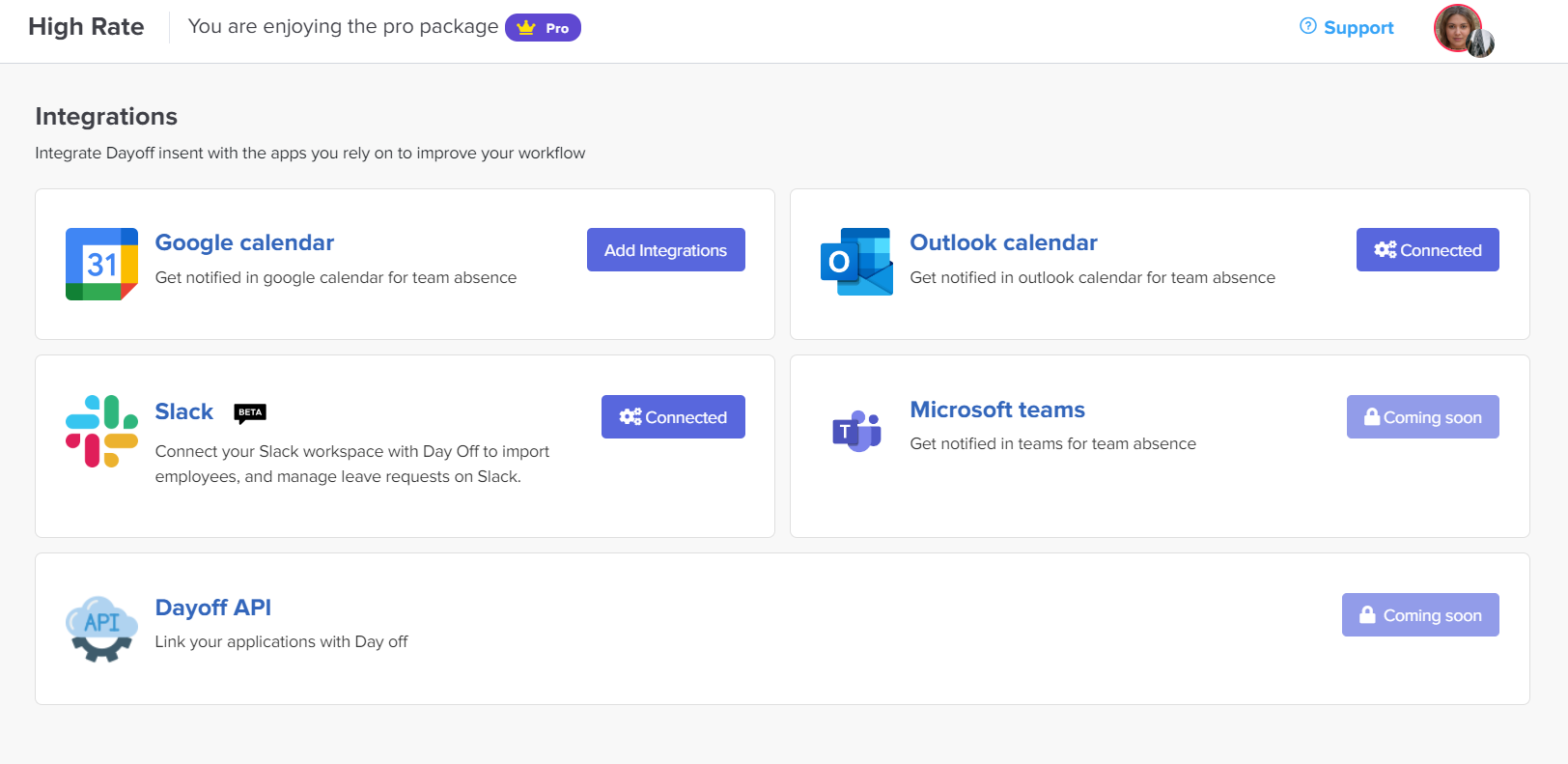 A dashboard showing integrations for Google Calendar, Outlook, Slack (connected), Microsoft Teams (coming soon), and Dayoff API.