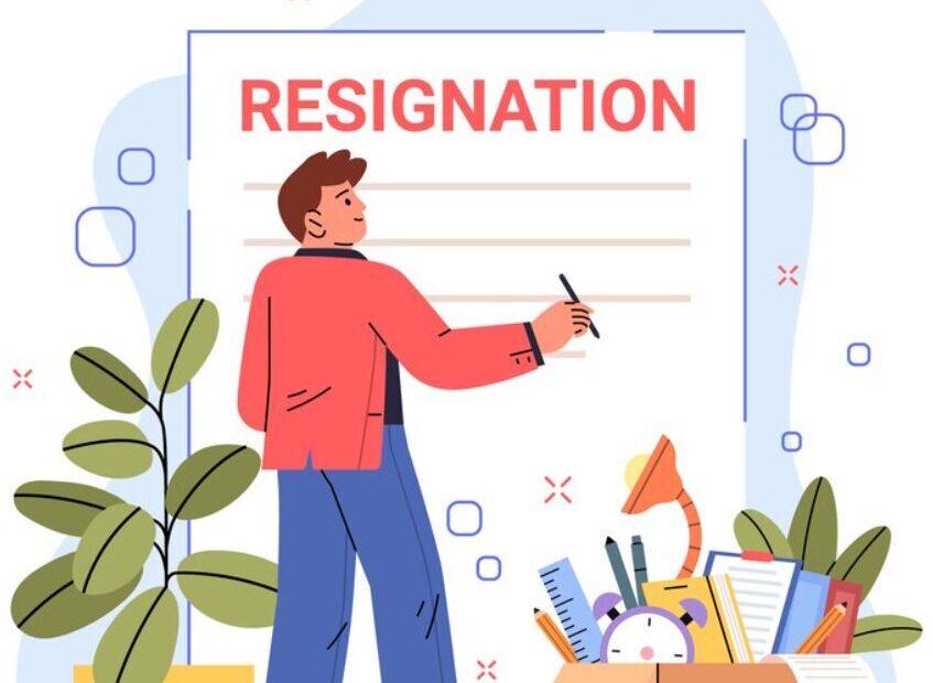 An illustration for an employee standing in front of a huge Resignation letter and holding a pen on his hand.