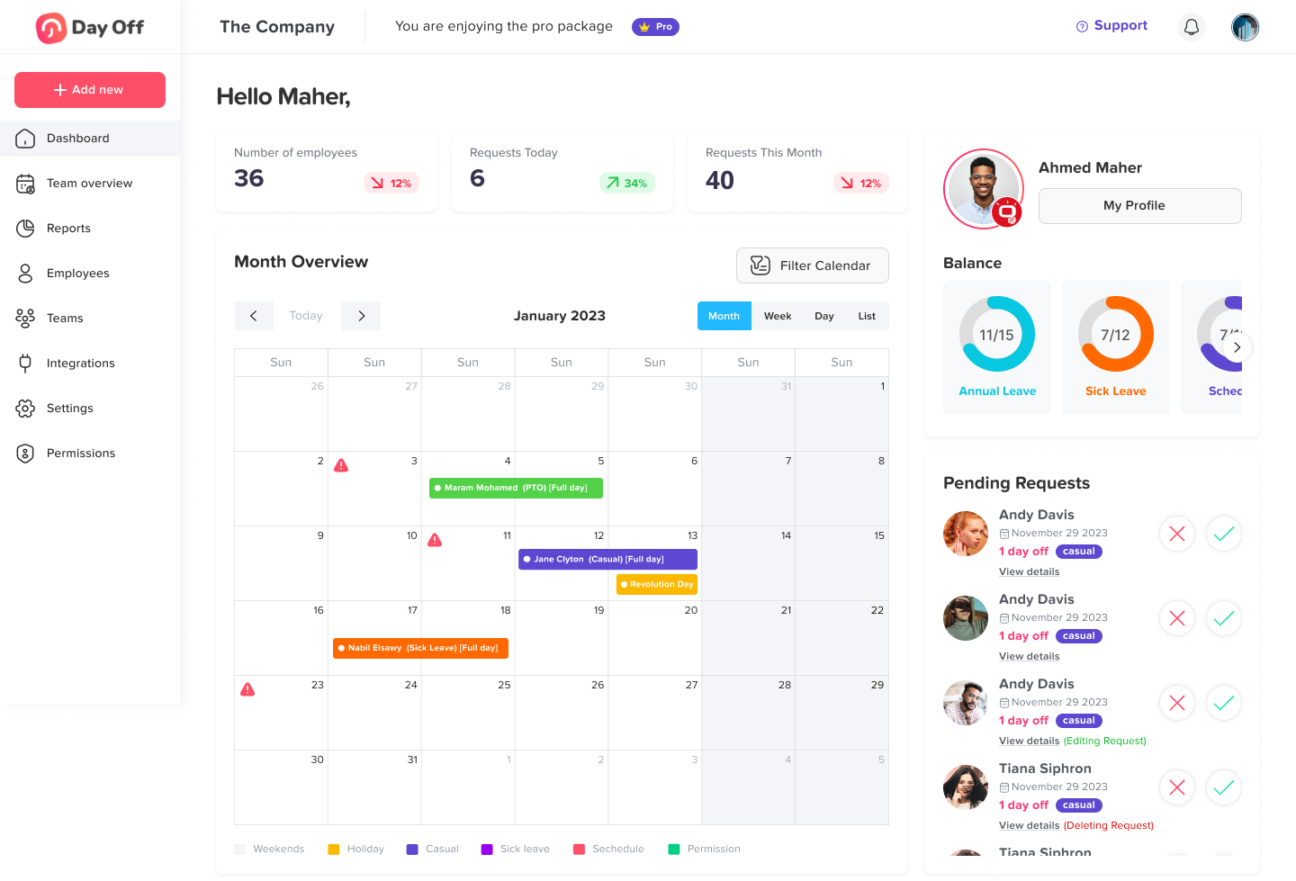 An image off Day off Vacation Tracker dashboard with employee request