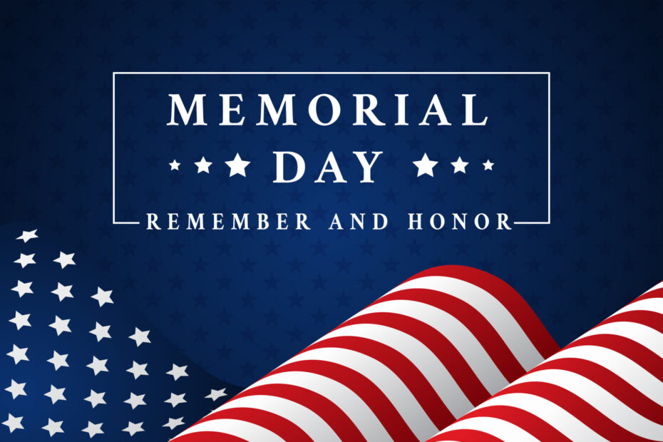 An image of USA with blue background and a text of Memorial Day at the middle of the Picture