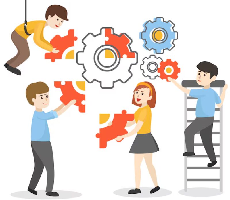 employees are team working to complete their task together.