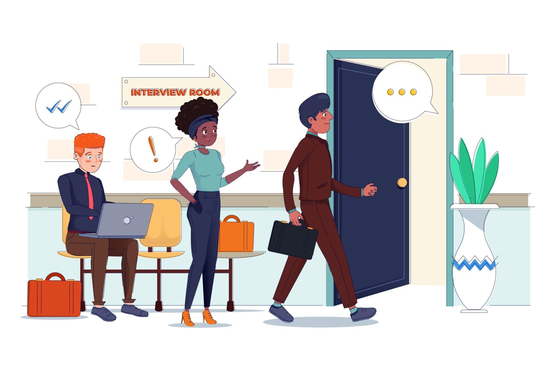 The illustration depicts a job interview scene with three individuals in an office setting. On the left, a person sits with a laptop, possibly a candidate or recruiter, with a checkmark indicating readiness. In the center, another person stands and gestures, likely giving instructions, marked by an exclamation icon. On the right, a person walks towards a door labeled "Interview Room," carrying a briefcase and shown with a speech bubble, indicating contemplation. The background includes a potted plant and typical office decor, emphasizing a professional environment.