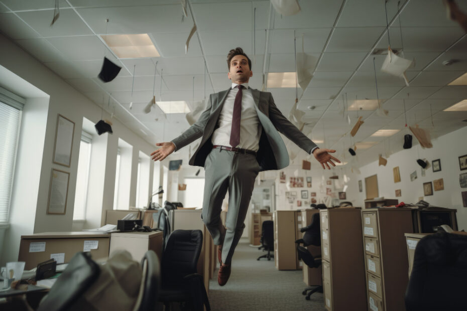 an employee jumping at the middle of the office with papers flying behind him