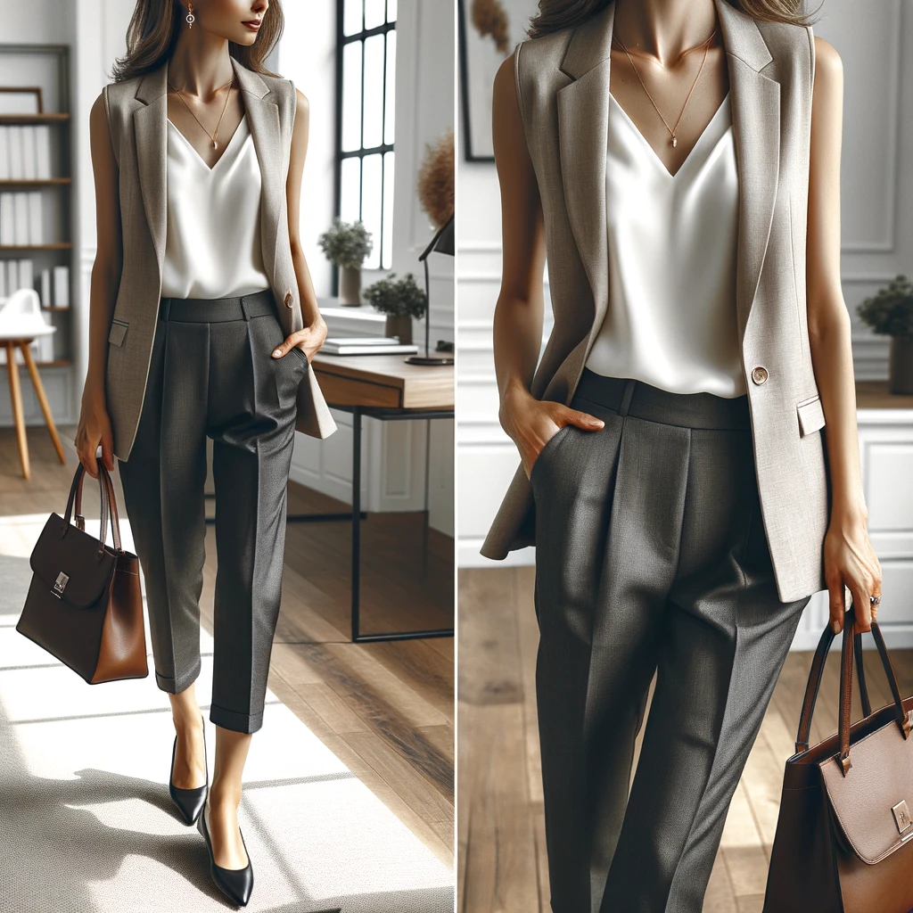 A-female-professional-in-business-casual-attire_-elegant-sleeveless-blouse-cropped-trousers-ballet-flats-and-a-tailored-blazer. -She-is-wearing