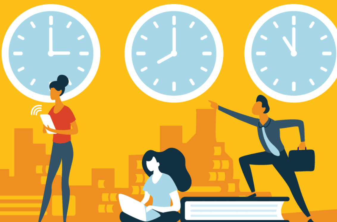 2 girls and a man are working in different time zones, with a watch above them.