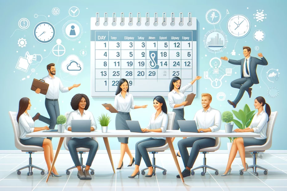 The image is a detailed illustration of a busy office environment, showcasing a team of professionals collaborating and working together. At the center of the background is a large calendar, indicating the importance of scheduling and deadlines. Various icons around the calendar, such as clocks, graphs, a light bulb, and a cloud, represent different aspects of business and productivity. In the foreground, several individuals are seated at a long table with laptops and documents, engaging in various tasks like typing, discussing, and analyzing data. One person stands with a clipboard, another points to the calendar, and one person is leaping joyfully, possibly celebrating a milestone or achievement. The overall scene is dynamic and vibrant, capturing the essence of teamwork, time management, and a bustling work environment. The color scheme is predominantly blue and white, contributing to a professional and energetic atmosphere.