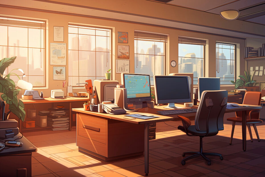 The image shows a sunlit office with large windows offering a view of a city skyline. The office space features several desks with computer monitors, chairs, plants, and various office supplies. Papers and files are neatly organized on the desks and shelves. The warm lighting suggests either early morning or late afternoon, creating a cozy and productive atmosphere.