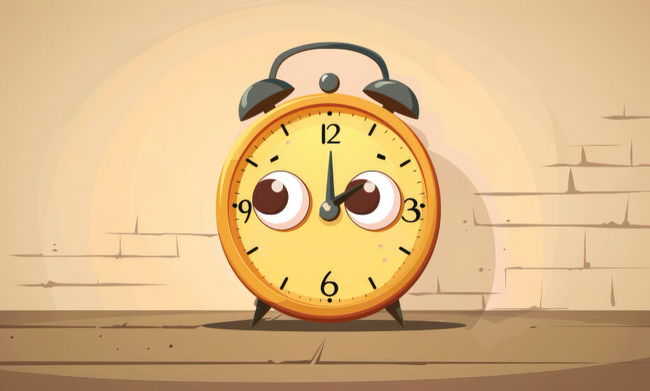A cartoon-style alarm clock with expressive eyes and a curious expression, set against a simple background with light-colored walls. The clock's hands indicate a time close to 10:10.
