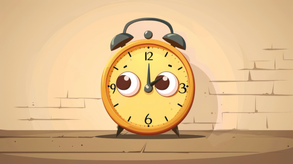 A cartoon-style alarm clock with expressive eyes and a curious expression, set against a simple background with light-colored walls. The clock's hands indicate a time close to 10:10.