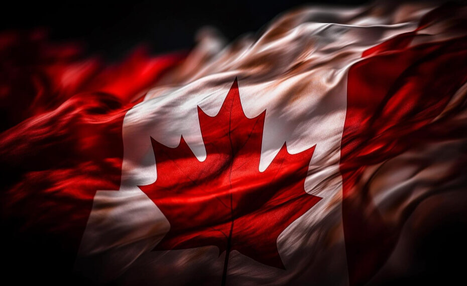 A vibrant, close-up image of the Canadian flag waving in the wind. The red and white colors are vivid, with the iconic red maple leaf prominently displayed in the center. The flag appears dynamic and fluid, with the fabric's texture and motion captured in detail. The background is dark, enhancing the contrast and making the flag's colors stand out even more.