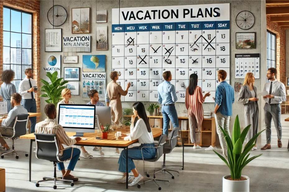 A-modern-office-setting-with-diverse-employees-collaborating-and-discussing-vacation-plans. -A-large-wall-calendar-shows-marked-vacation-days
