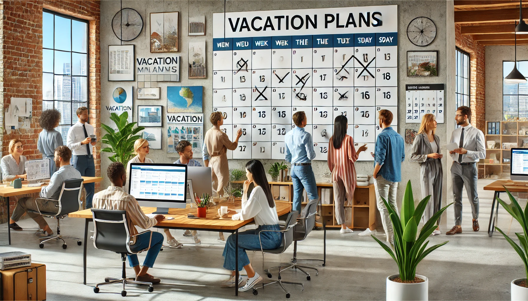 A-modern-office-setting-with-diverse-employees-collaborating-and-discussing-vacation-plans. -A-large-wall-calendar-shows-marked-vacation-days