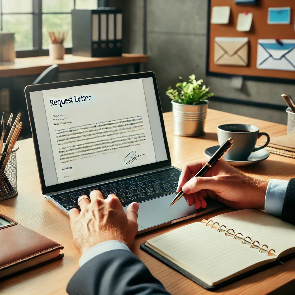 -A-professional-office-setting-with-a-person-writing-a-request-letter-on-a-laptop.-The-scene-includes-a-tidy-desk-with-a-cup-of-coffee-a-notebook