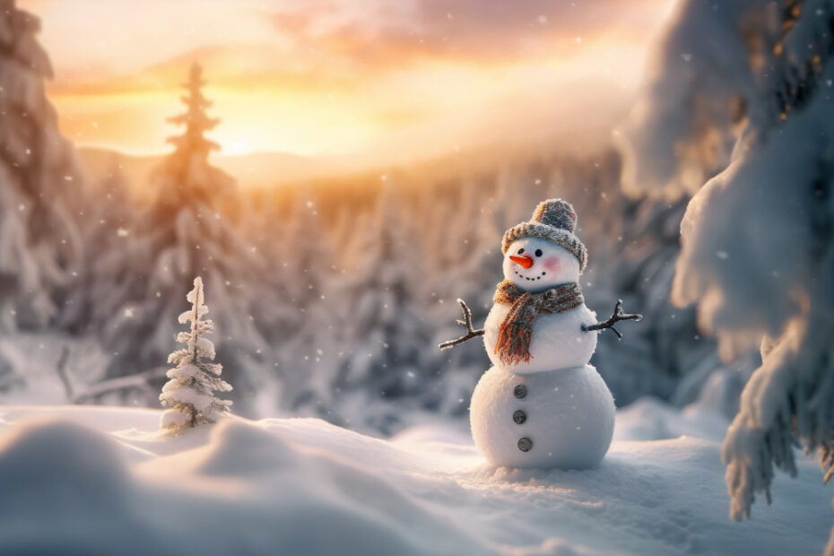 A cheerful snowman stands in a snowy winter landscape at sunset. The snowman is adorned with a knitted hat and scarf, with a carrot nose and stick arms. Snow gently falls around, creating a serene and festive atmosphere. In the background, snow-covered trees and a soft orange and pink glow from the setting sun add warmth to the cold scene.