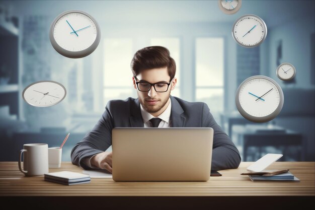 A professional man in a suit working on a laptop at a desk, surrounded by floating clocks representing time management and productivity. The office setting in the background is blurred, emphasizing the focus on the individual and the passing of time.