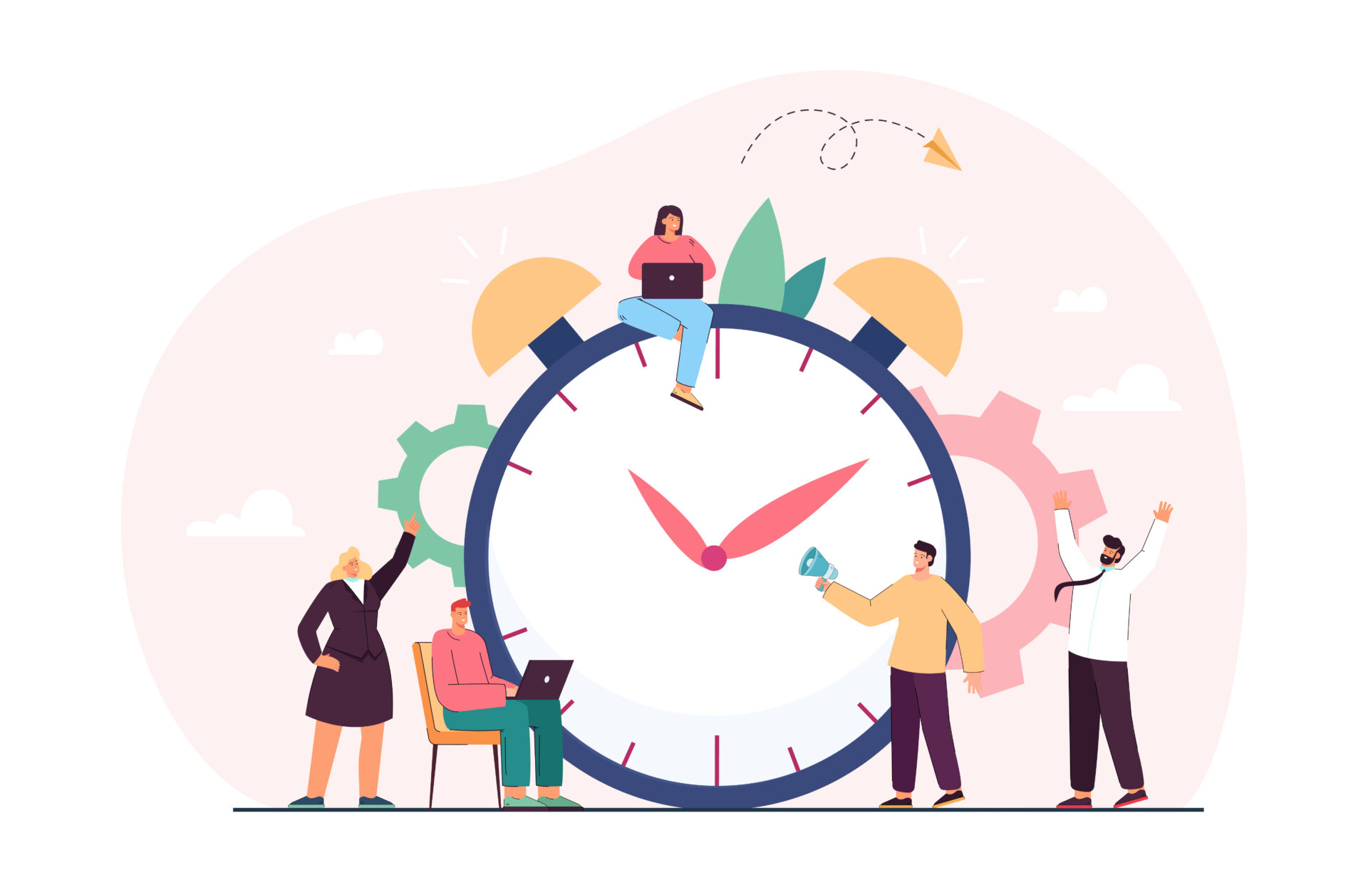 Illustration depicting a group of diverse individuals engaging with a large clock, symbolizing time management. A woman sits atop the clock working on a laptop, while another adjusts the gears linked to the clock. Two men celebrate, one with a megaphone and another raising his hands in joy. Another person sits to the side, focused on his laptop. The scene is set against a backdrop of soft colors with simplistic clouds and plant motifs, emphasizing a light, organized atmosphere.