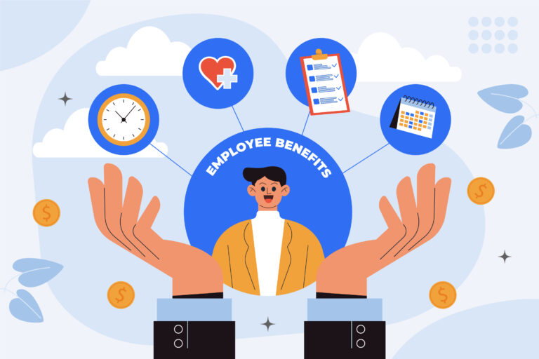 This image creatively illustrates the concept of employee benefits. It features an employee surrounded by various icons representing different benefits such as health insurance, a clock indicating paid time off, and a checklist for perhaps administrative or procedural benefits. The design uses a cheerful, simple style to effectively communicate the supportive elements available to employees, emphasizing the comprehensive nature of benefits packages in a visually engaging way.