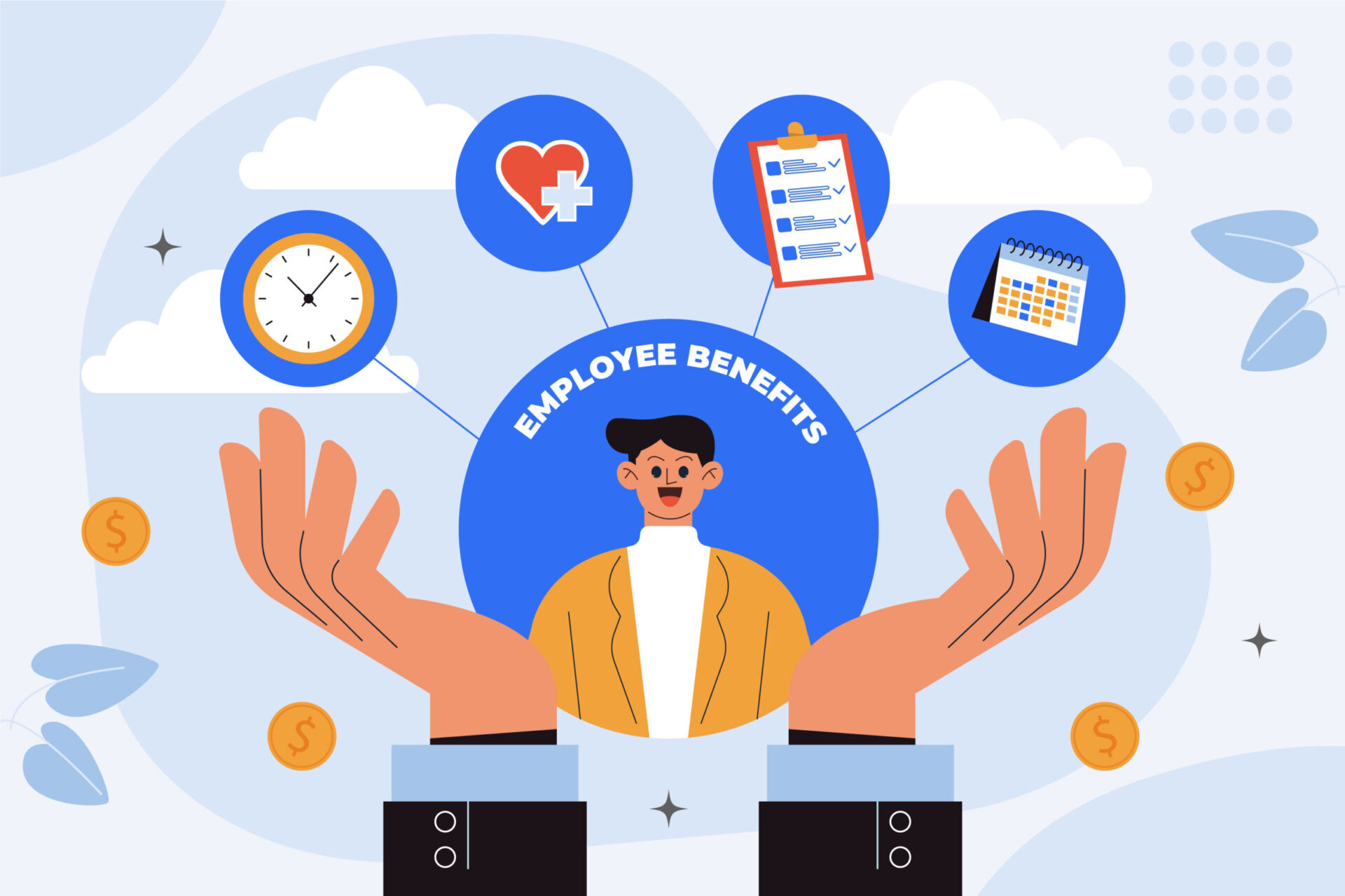 This image creatively illustrates the concept of employee benefits. It features an employee surrounded by various icons representing different benefits such as health insurance, a clock indicating paid time off, and a checklist for perhaps administrative or procedural benefits. The design uses a cheerful, simple style to effectively communicate the supportive elements available to employees, emphasizing the comprehensive nature of benefits packages in a visually engaging way.