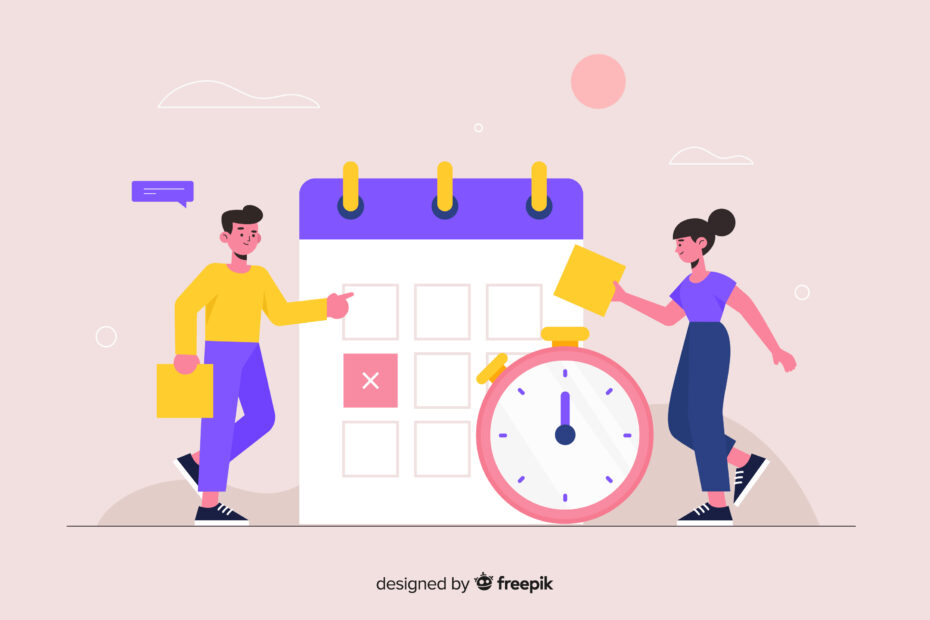 It looks like you've shared an illustration of two people interacting with a calendar and a stopwatch, suggesting themes related to scheduling and time management. This image could be used to visually represent planning and the coordination of time off, relevant to discussions about unpaid leave or other time-related commitments in a workplace or personal setting.