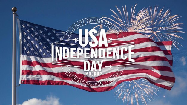 USA Independence Day celebration banner featuring an American flag waving against a blue sky with fireworks in the background, and the text 'Celebrate Freedom Together - USA Independence Day' overlaying the image.