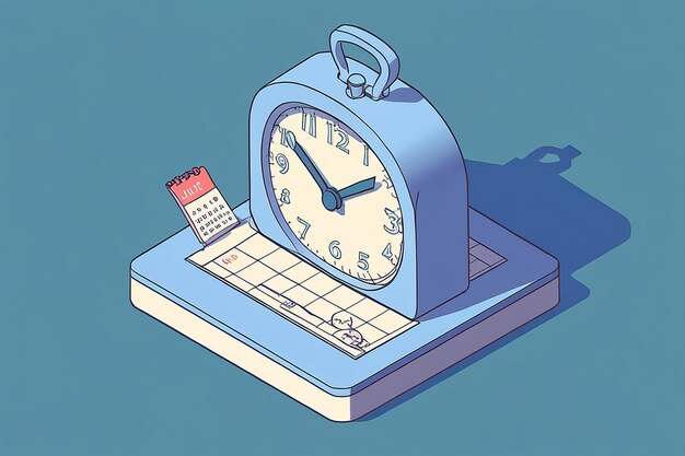 A pastel-colored illustration featuring a classic alarm clock sitting on top of a calendar. The clock, which shows around 10:10, has a rounded vintage design with a handle on top and casts a long shadow to the right. The calendar underneath displays the month of June, with a small standing desk calendar nearby marking a specific date. The overall color palette is soft blues and reds, giving the image a retro and calm feel.