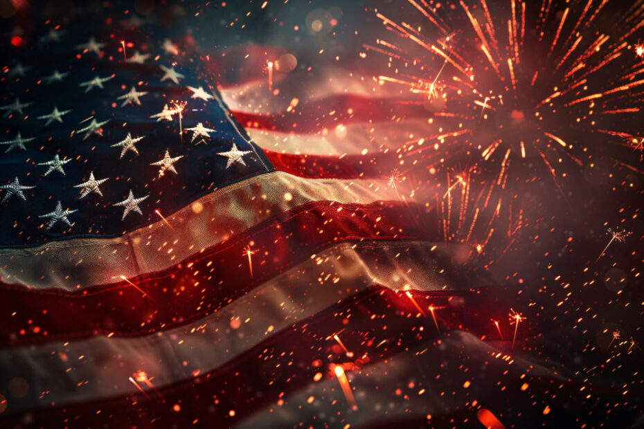 An American flag waving amidst fireworks and sparks, symbolizing celebration, patriotism, and national pride, often associated with holidays like Independence Day and other federal observances in the United States.