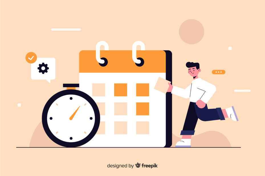 The image shows a cartoon figure running toward a large calendar, with a clock beside it, symbolizing time management and scheduling. A speech bubble with a gear icon suggests settings or adjustments. Designed by Freepik.