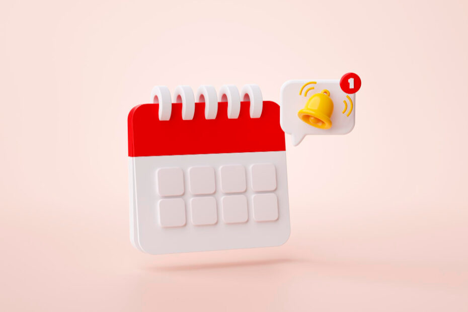 3D illustration of a calendar with a red header and seven square blocks, symbolizing days, along with a notification icon featuring a yellow bell and a red badge with the number "1." This visual suggests a reminder or alert for an upcoming event or deadline.