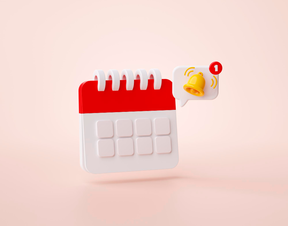 3D illustration of a calendar with a red header and seven square blocks, symbolizing days, along with a notification icon featuring a yellow bell and a red badge with the number "1." This visual suggests a reminder or alert for an upcoming event or deadline.